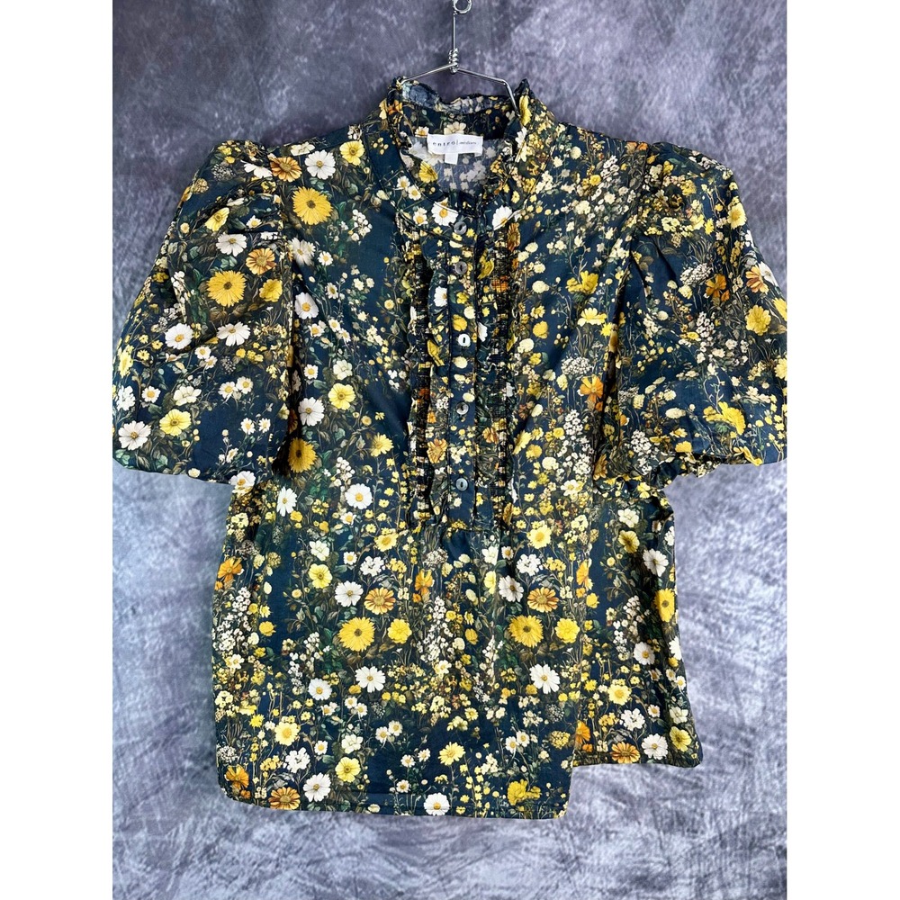 Entro Puff Sleeve Floral Blouse Womens Medium Dark Floral Ruffle Neck T28197